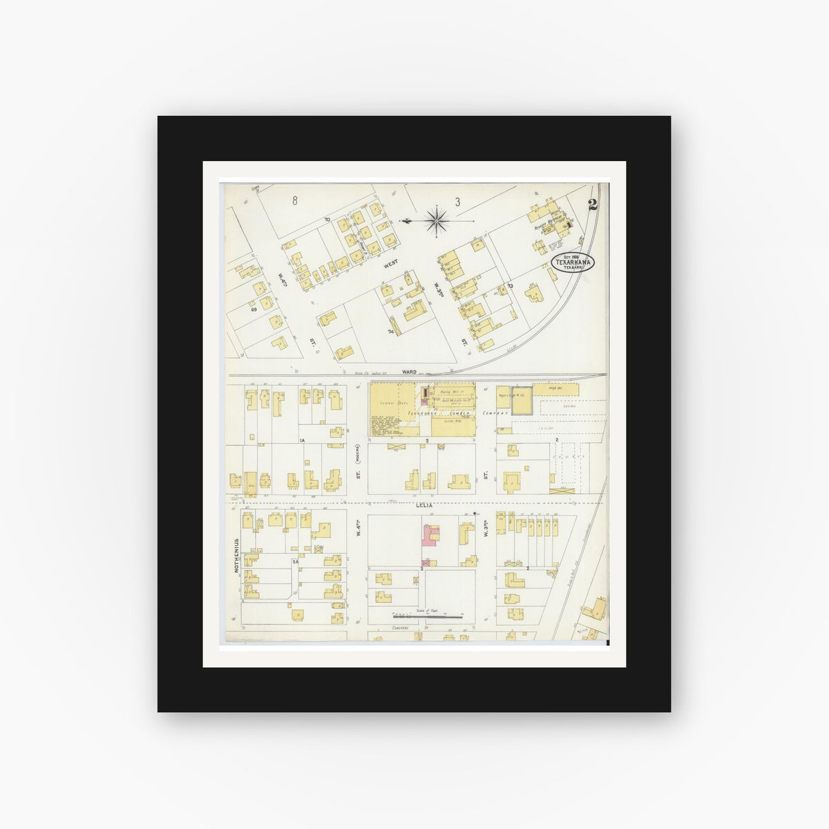 Old map wall art mockup — black gallery frame with white mat — Sanborn Fire Insurance Map from Texarkana, Bowie County, Texas (1905), Sheet #0002