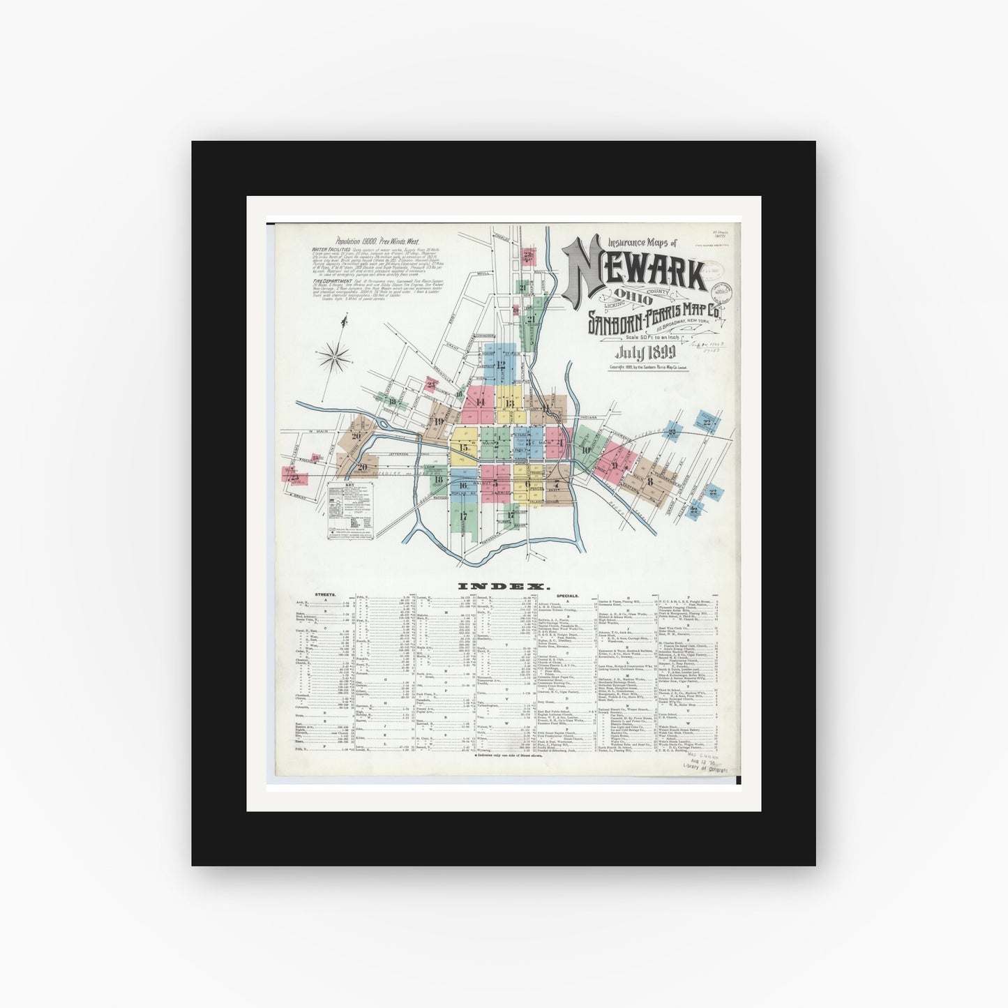 Old map wall art mockup — black gallery frame with white mat — Sanborn Fire Insurance Map from Newark, Licking County, Ohio (1899), Sheet #0001