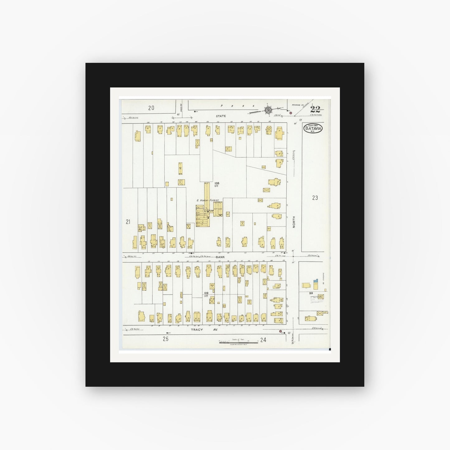 Old map wall art mockup — black gallery frame with white mat — Sanborn Fire Insurance Map from Batavia, Genesee County, New York (1919), Sheet #0022