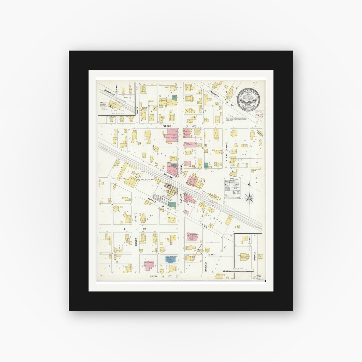 Old map wall art mockup — black gallery frame with white mat — Sanborn Fire Insurance Map from Whitestown, Boone County, Indiana (1909), Sheet #0001