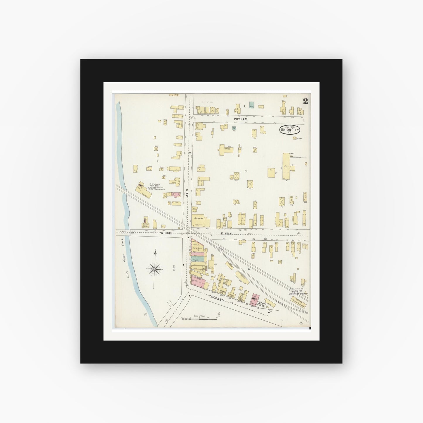 Old map wall art mockup — black gallery frame with white mat — Sanborn Fire Insurance Map from Union City, Erie County, Pennsylvania (1895), Sheet #0002