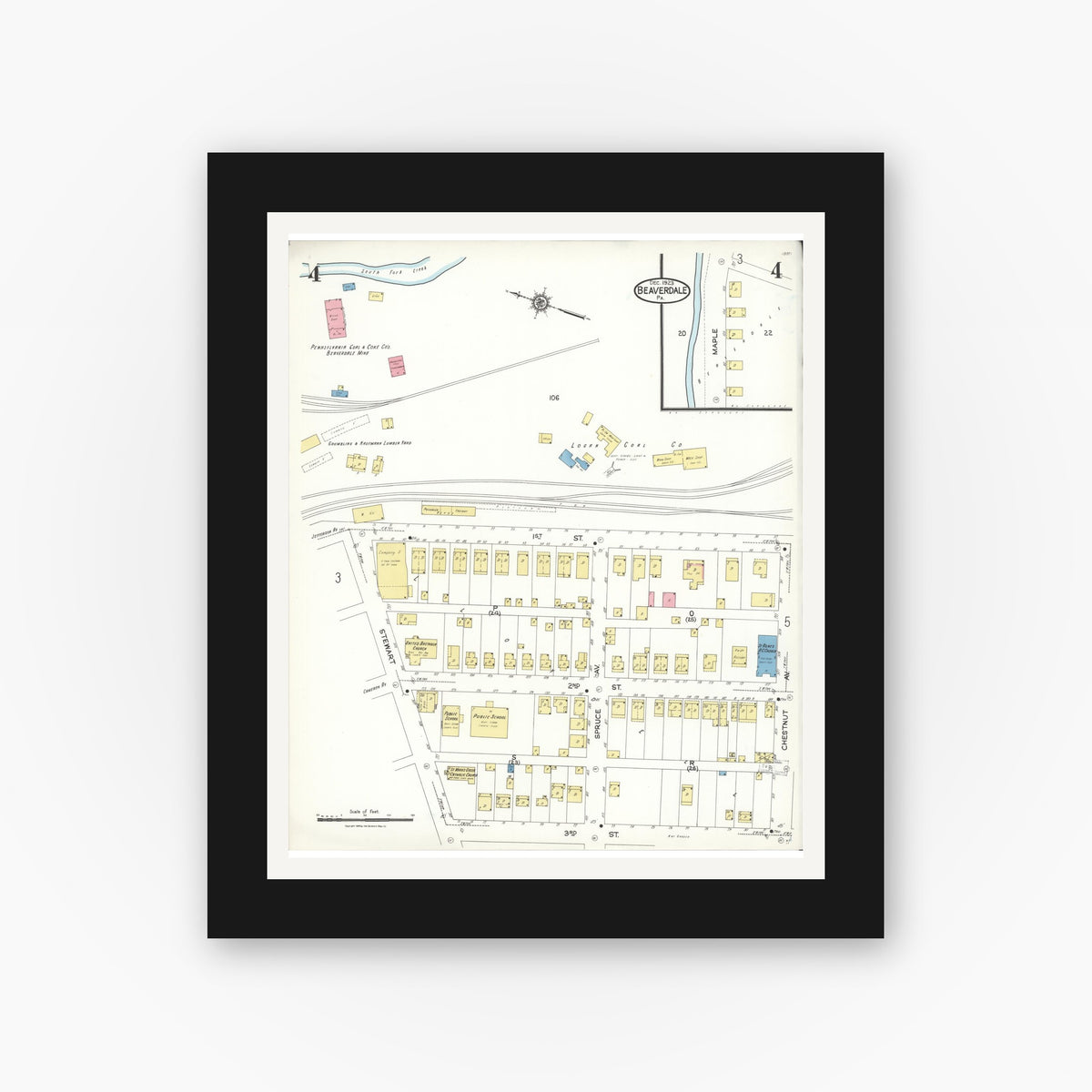 Old map wall art mockup β black gallery frame with white mat β Sanborn Fire Insurance Map from Beaverdale, Cambria County, Pennsylvania (1923), Sheet #0004