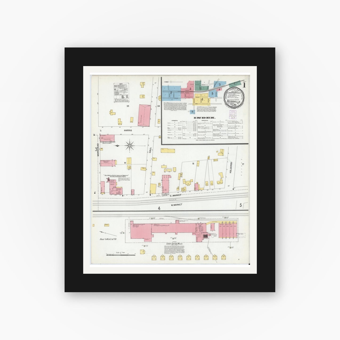 Old map wall art mockup — black gallery frame with white mat — Sanborn Fire Insurance Map from Reidsville, Rockingham County, North Carolina (1901), Sheet #0001