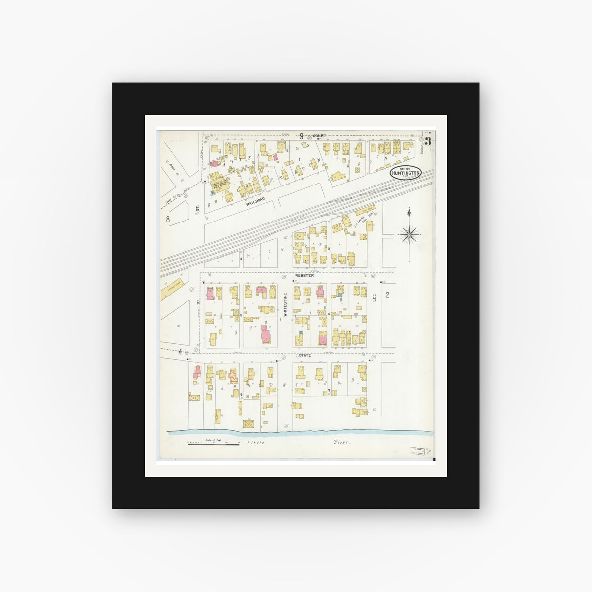 Old map wall art mockup — black gallery frame with white mat — Sanborn Fire Insurance Map from Huntington, Huntington County, Indiana (1904), Sheet #0003