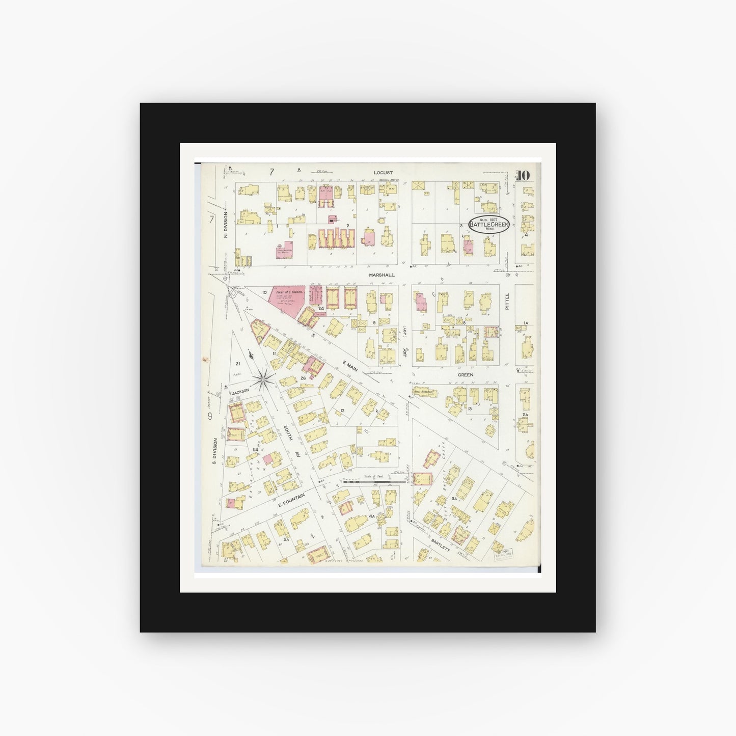 Old map wall art mockup — black gallery frame with white mat — Sanborn Fire Insurance Map from Battle Creek, Calhoun County, Michigan (1907), Sheet #0010