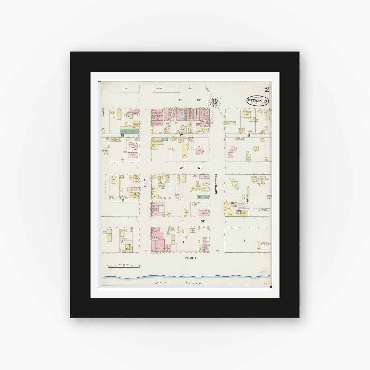 Old map wall art mockup — black gallery frame with white mat — Sanborn Fire Insurance Map from Metropolis, Massac County, Illinois (1888), Sheet #0002