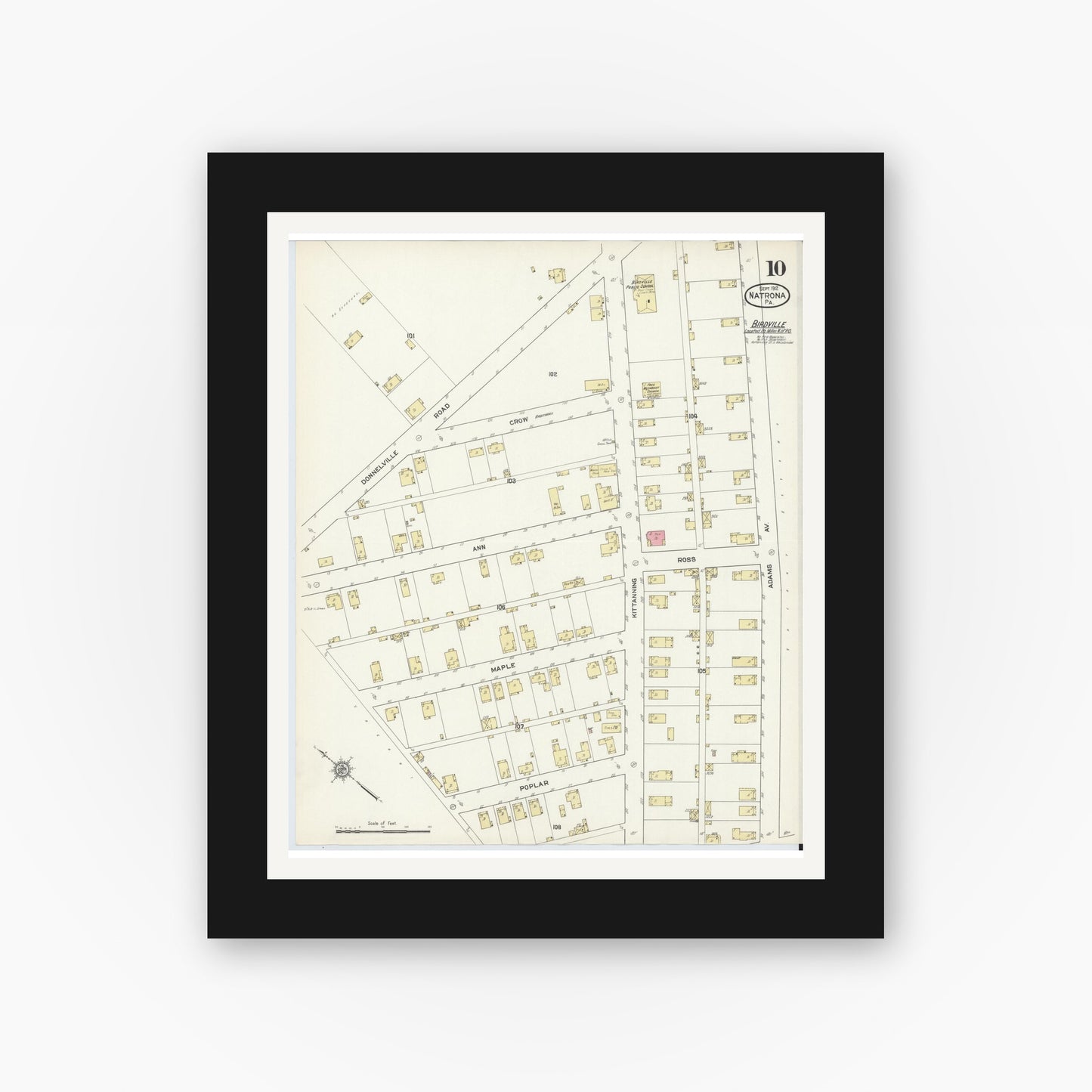 Old map wall art mockup — black gallery frame with white mat — Sanborn Fire Insurance Map from Natrona, Allegheny County, Pennsylvania (1912), Sheet #0010