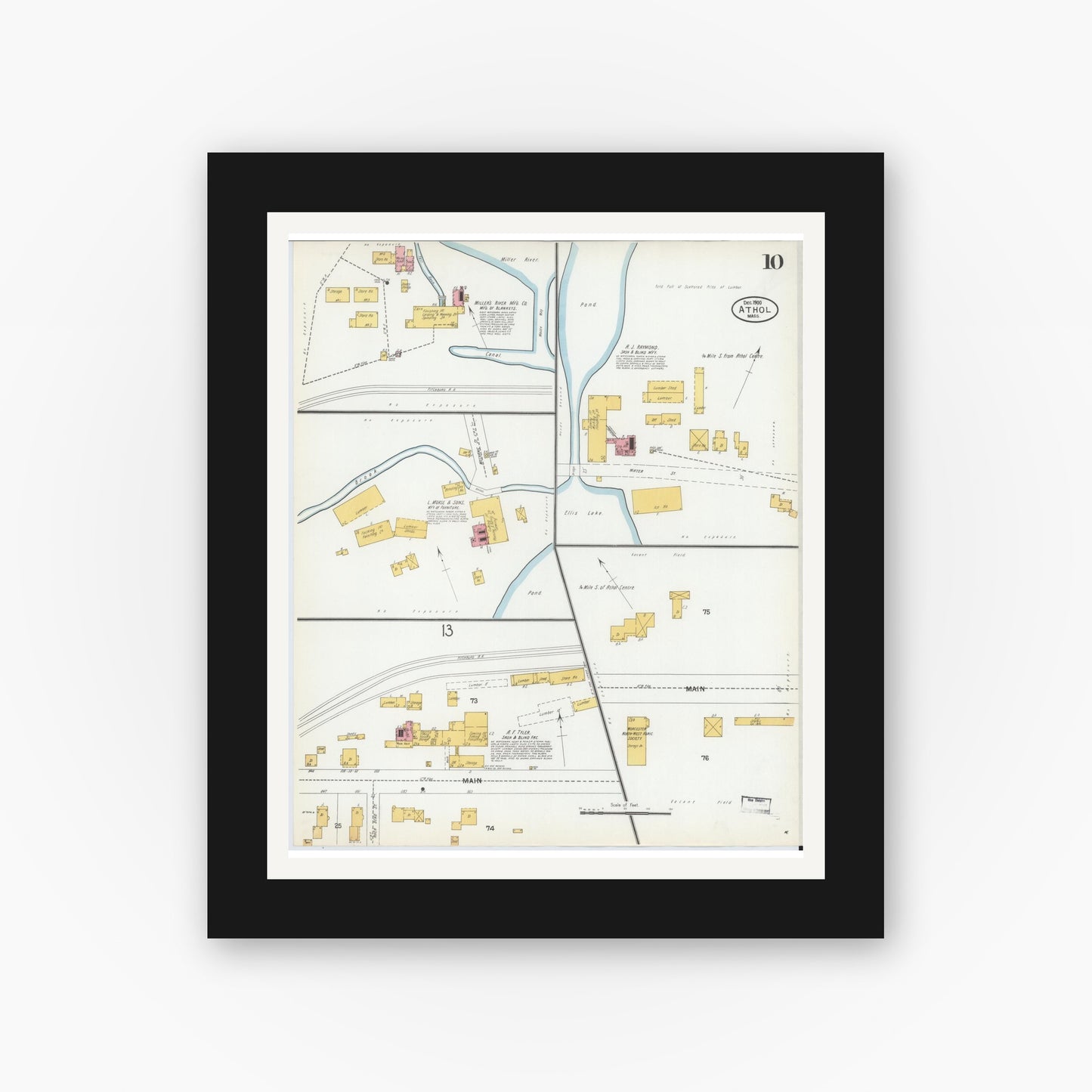 Old map wall art mockup — black gallery frame with white mat — Sanborn Fire Insurance Map from Athol, Worcester County, Massachusetts (1900), Sheet #0010