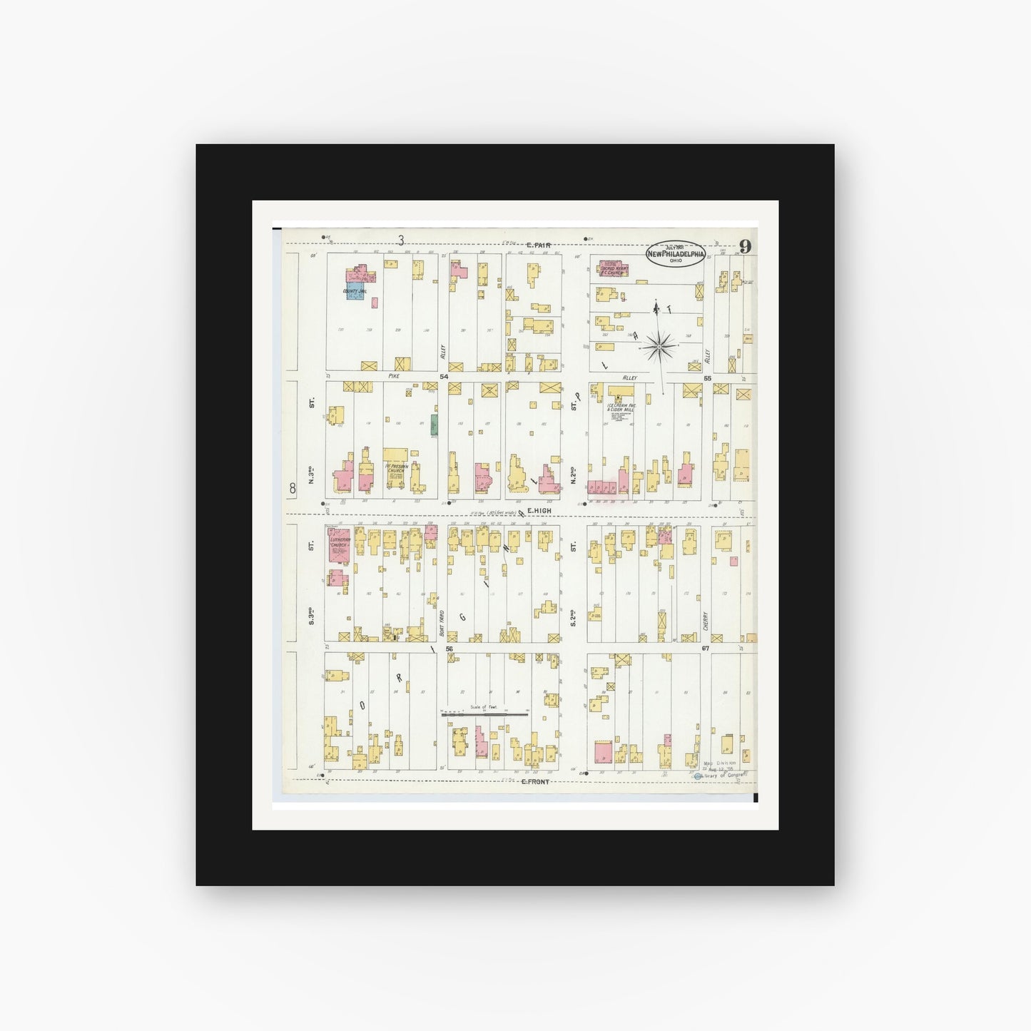 Old map wall art mockup — black gallery frame with white mat — Sanborn Fire Insurance Map from New Philadelphia, Tuscarawas County, Ohio (1901), Sheet #0009