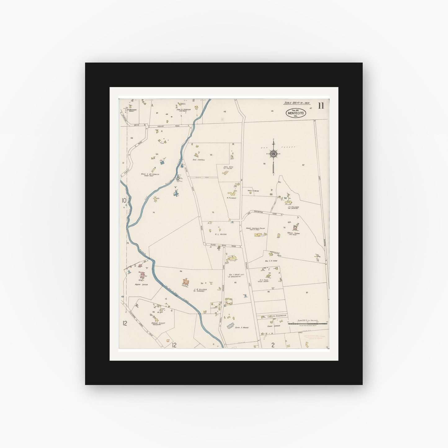 Old map wall art mockup — black gallery frame with white mat — Sanborn Fire Insurance Map from Montecito, Santa Barbara County, California (1918), Sheet #0011