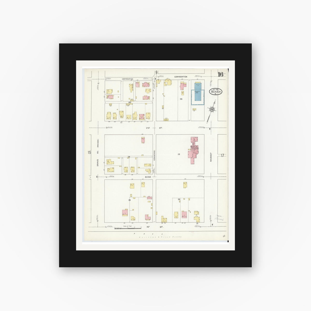 Old map wall art mockup — black gallery frame with white mat — Sanborn Fire Insurance Map from Beaver, Beaver County, Pennsylvania (1912), Sheet #0016