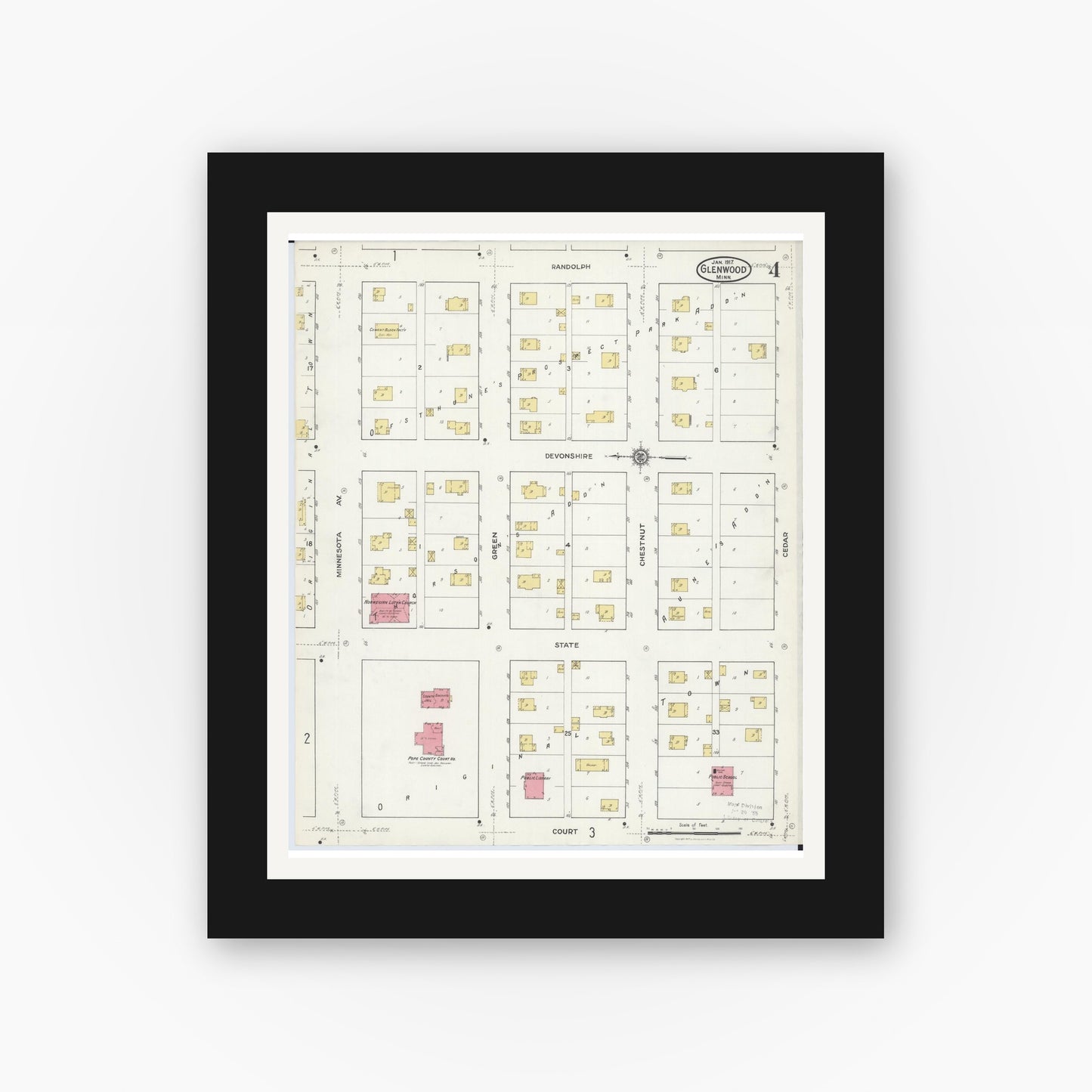 Old map wall art mockup — black gallery frame with white mat — Sanborn Fire Insurance Map from Glenwood, Pope County, Minnesota (1917), Sheet #0004