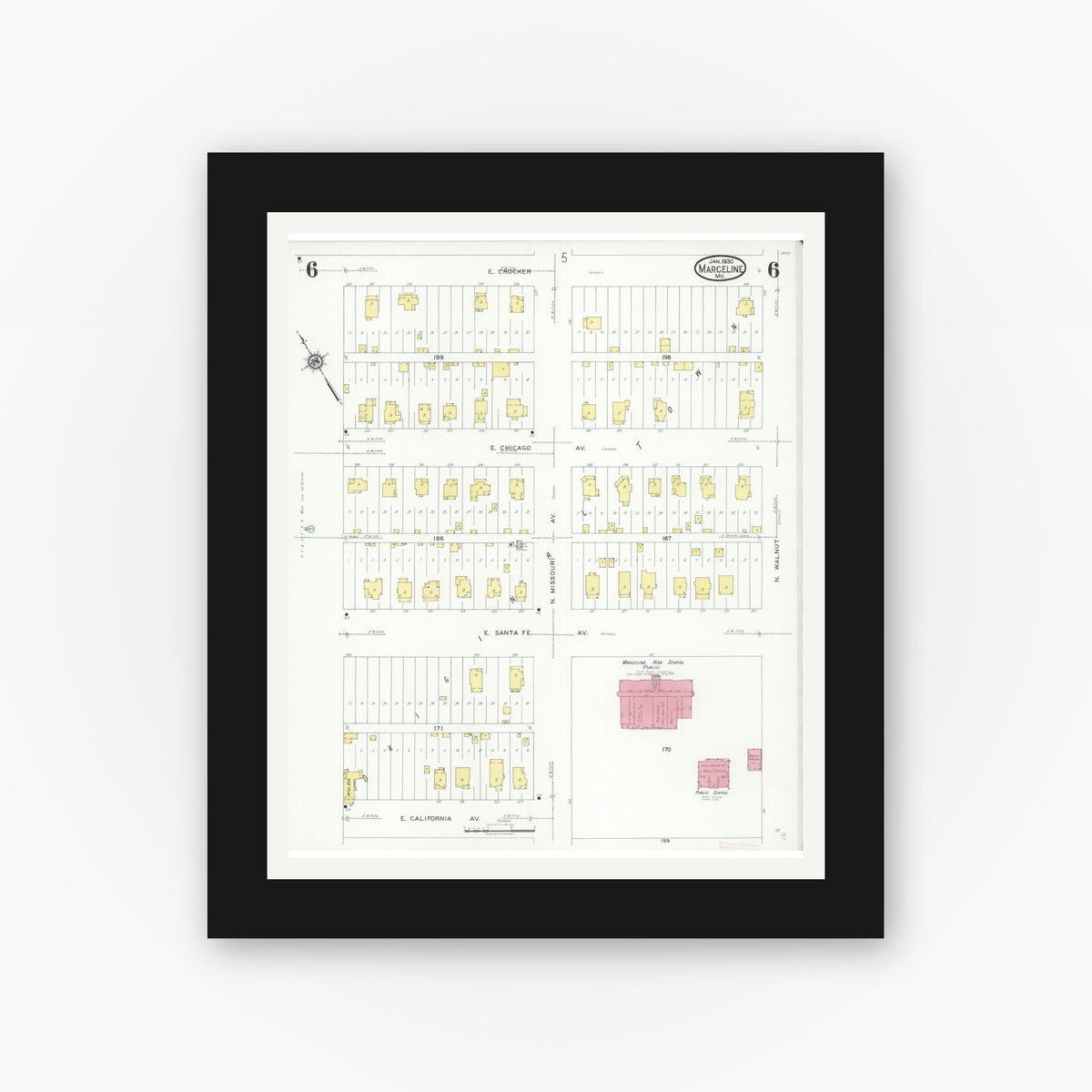 Old map wall art mockup — black gallery frame with white mat — Sanborn Fire Insurance Map from Marceline, Linn County, Missouri (1930), Sheet #0006