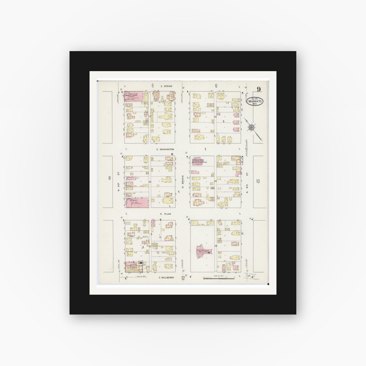 Old map wall art mockup — black gallery frame with white mat — Sanborn Fire Insurance Map from Mankato, Blue Earth County, Minnesota (1914), Sheet #0009