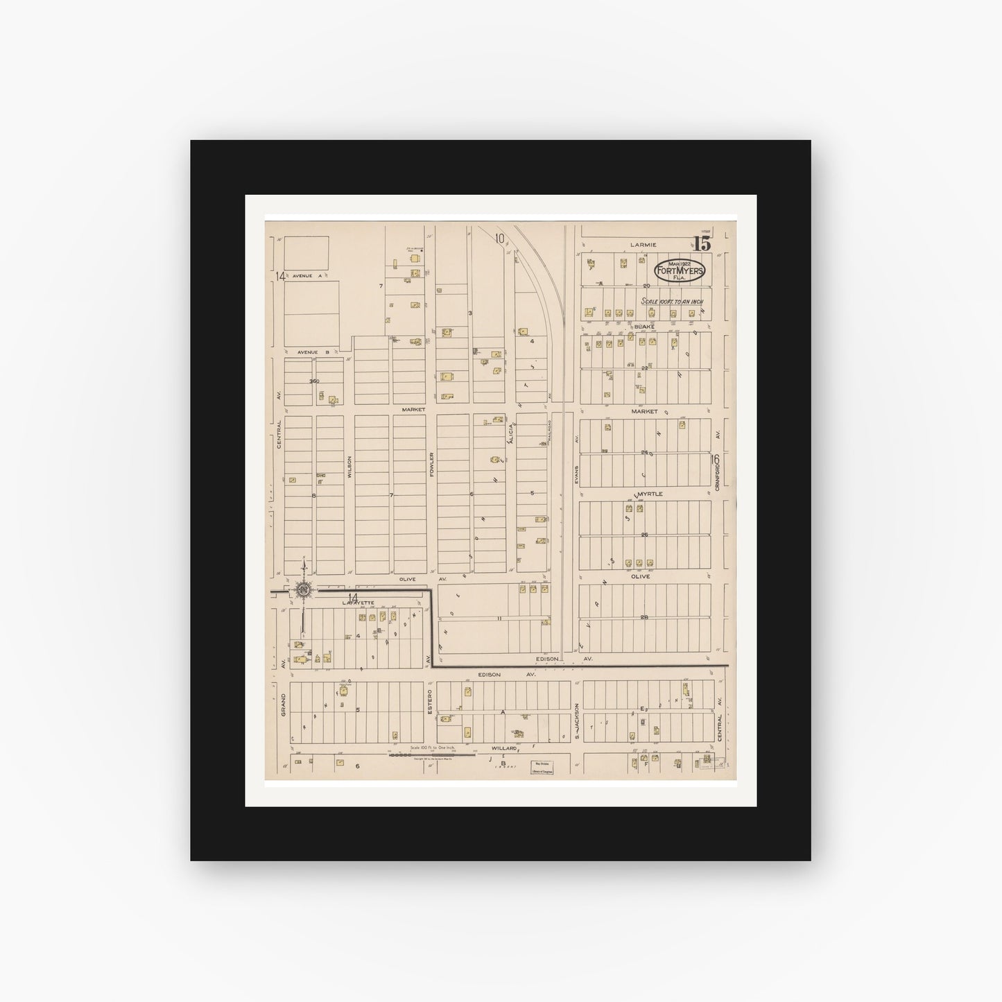 Old map wall art mockup — black gallery frame with white mat — Sanborn Fire Insurance Map from Fort Myers, Lee County, Florida (1922), Sheet #0015