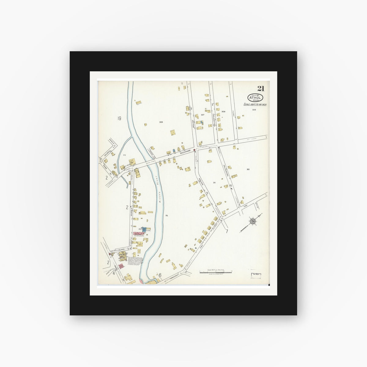 Old map wall art mockup — black gallery frame with white mat — Sanborn Fire Insurance Map from Athol, Worcester County, Massachusetts (1917), Sheet #0021
