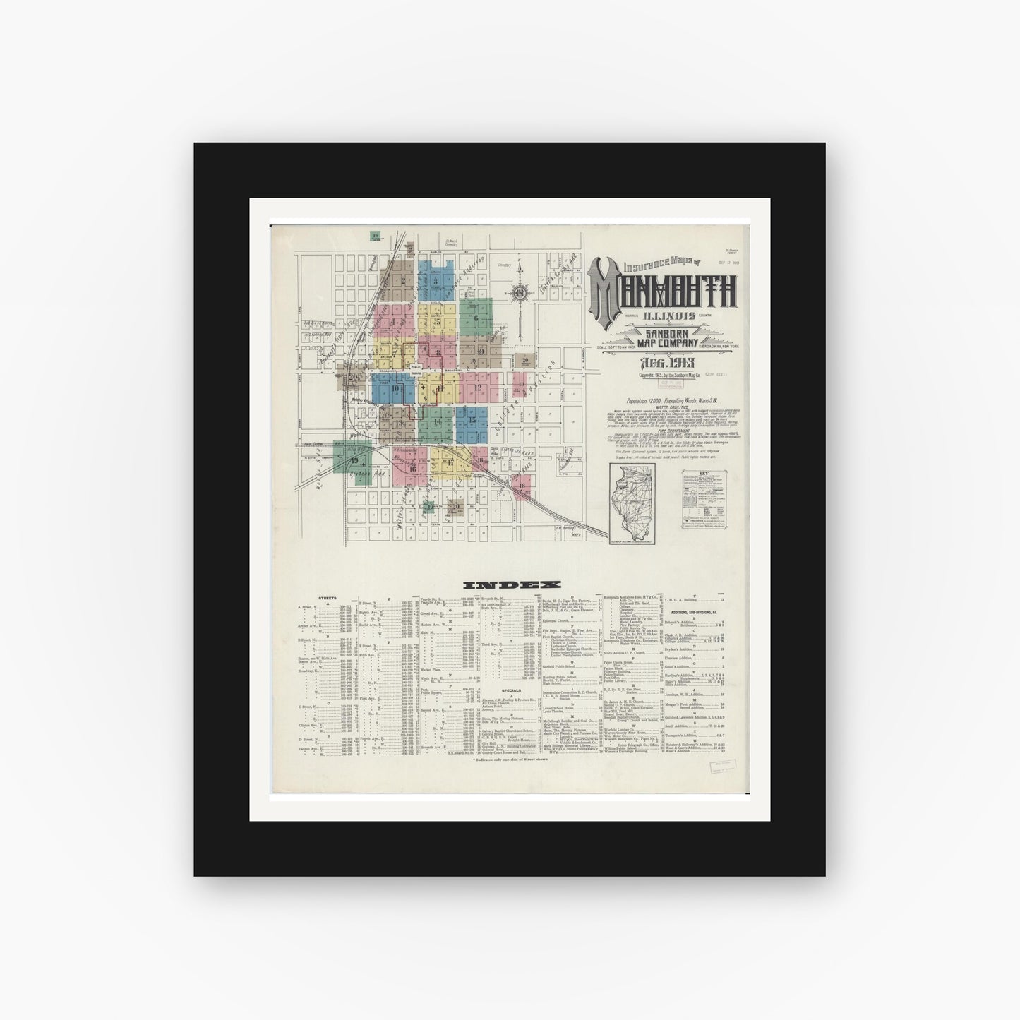 Old map wall art mockup — black gallery frame with white mat — Sanborn Fire Insurance Map from Monmouth, Warren County, Illinois (1913) - Complete Map Set