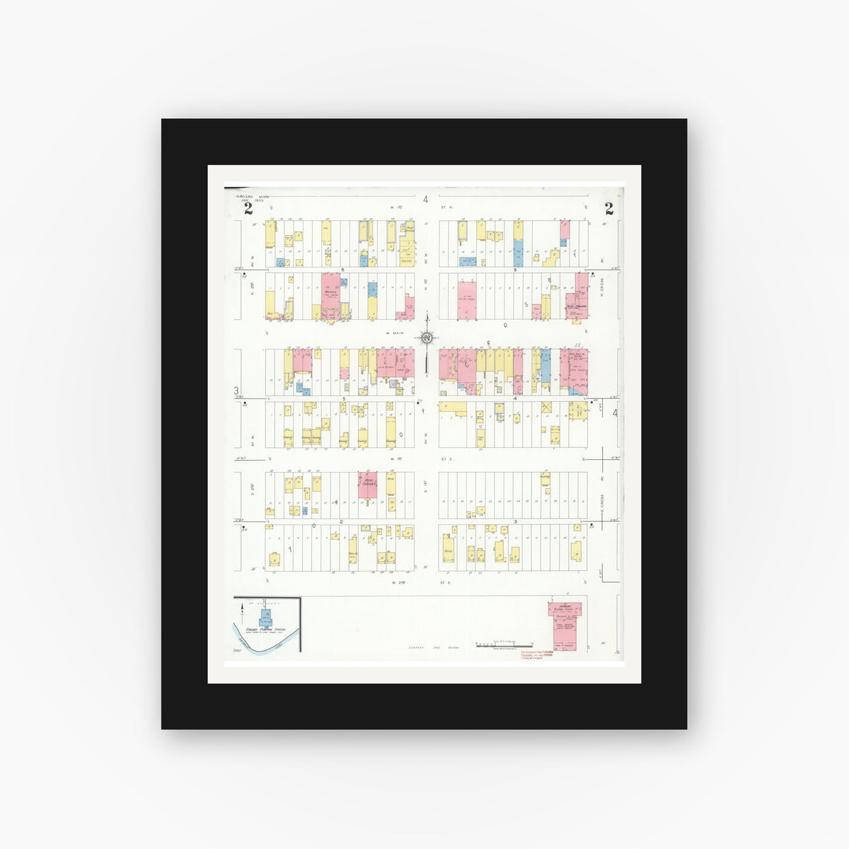 Old map wall art mockup — black gallery frame with white mat — Sanborn Fire Insurance Map from Crosby, Crow Wing County, Minnesota (1935), Sheet #0002