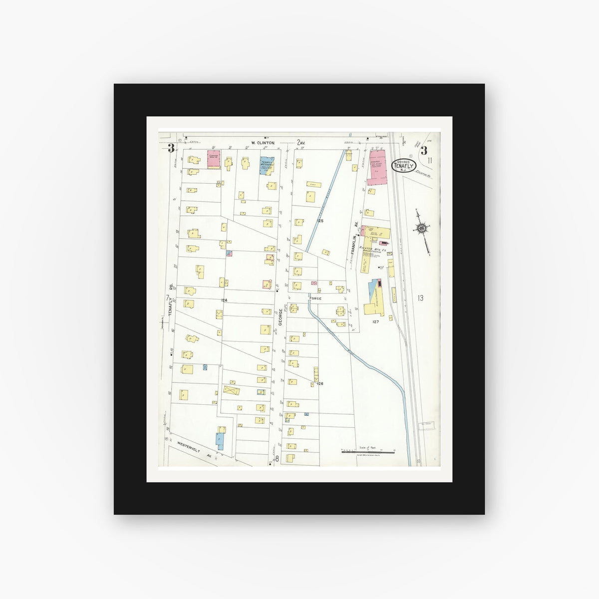 Old map wall art mockup — black gallery frame with white mat — Sanborn Fire Insurance Map from Tenafly, Bergen County, New Jersey (1923), Sheet #0003