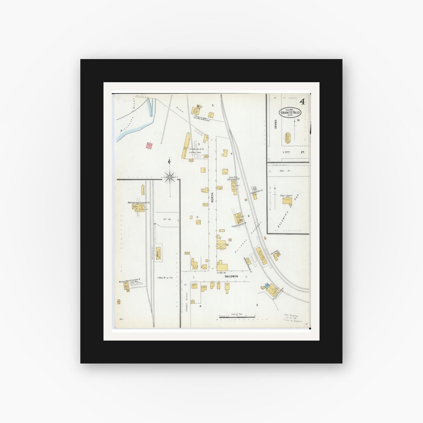 Old map wall art mockup — black gallery frame with white mat — Sanborn Fire Insurance Map from Granite Falls, Yellow Medicine And Chippewa Counties, Minnesota (1899), Sheet #0004