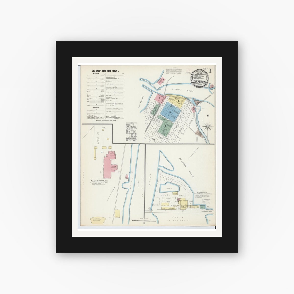 Old map wall art mockup — black gallery frame with white mat — Sanborn Fire Insurance Map from Saint Joseph, Berrien County, Michigan (1892), Sheet #0001