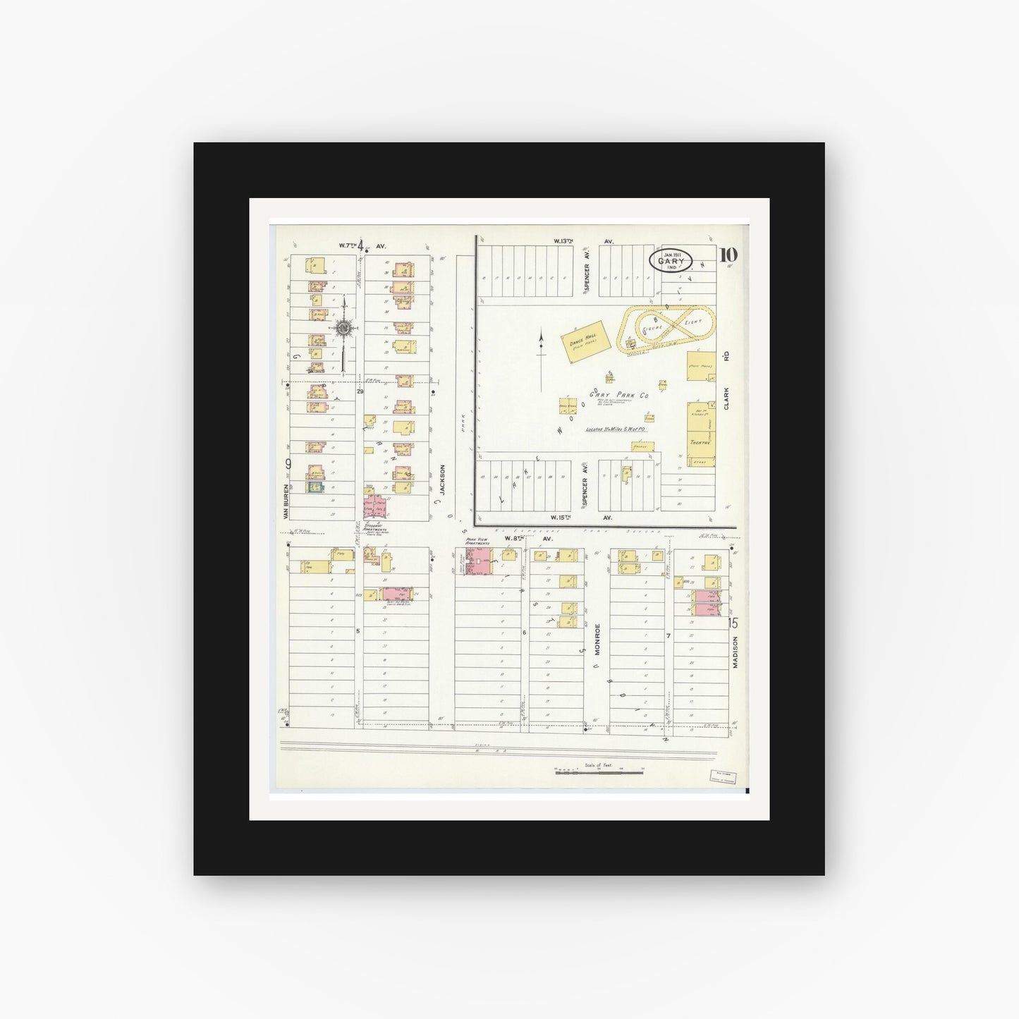 Old map wall art mockup β black gallery frame with white mat β Sanborn Fire Insurance Map from Gary, Lake County, Indiana (1911), Sheet #0010