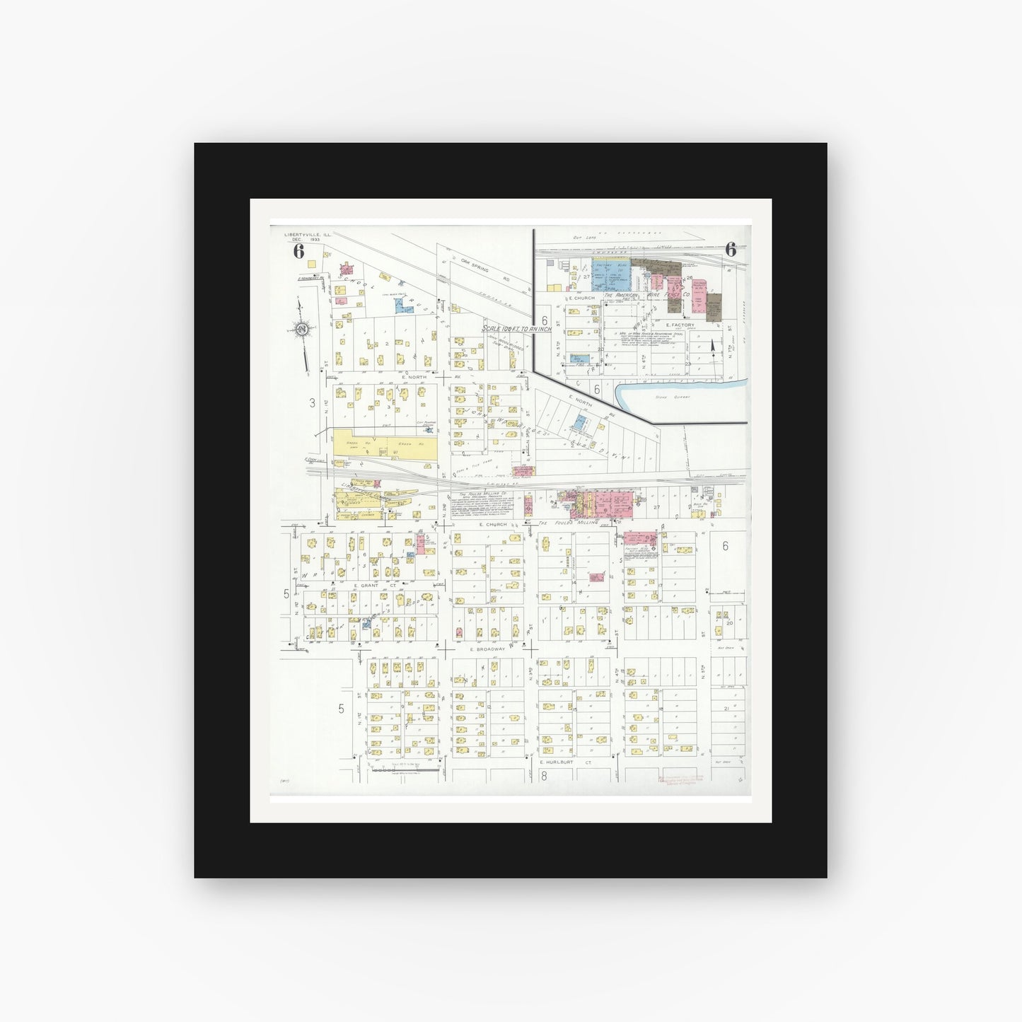 Old map wall art mockup — black gallery frame with white mat — Sanborn Fire Insurance Map from Libertyville, Lake County, Illinois (1933), Sheet #0006