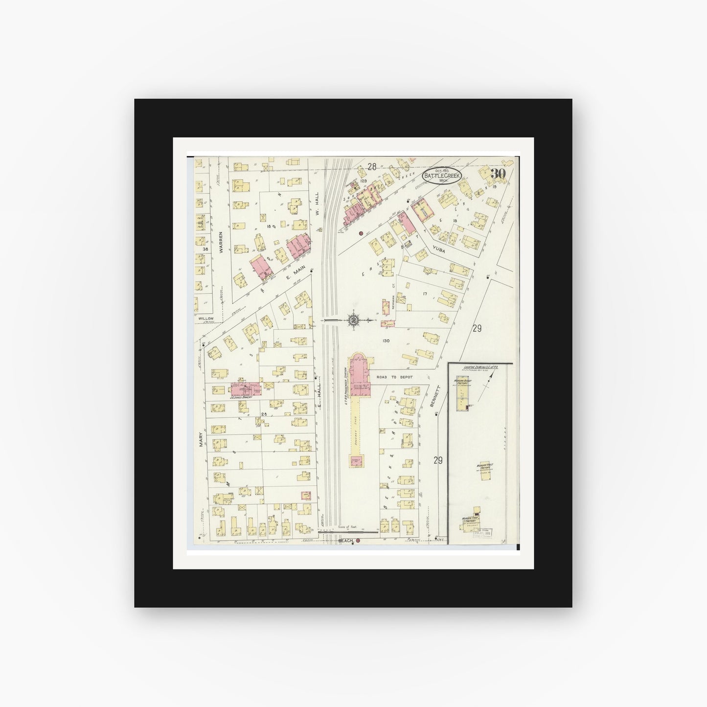 Old map wall art mockup — black gallery frame with white mat — Sanborn Fire Insurance Map from Battle Creek, Calhoun County, Michigan (1913), Sheet #0030