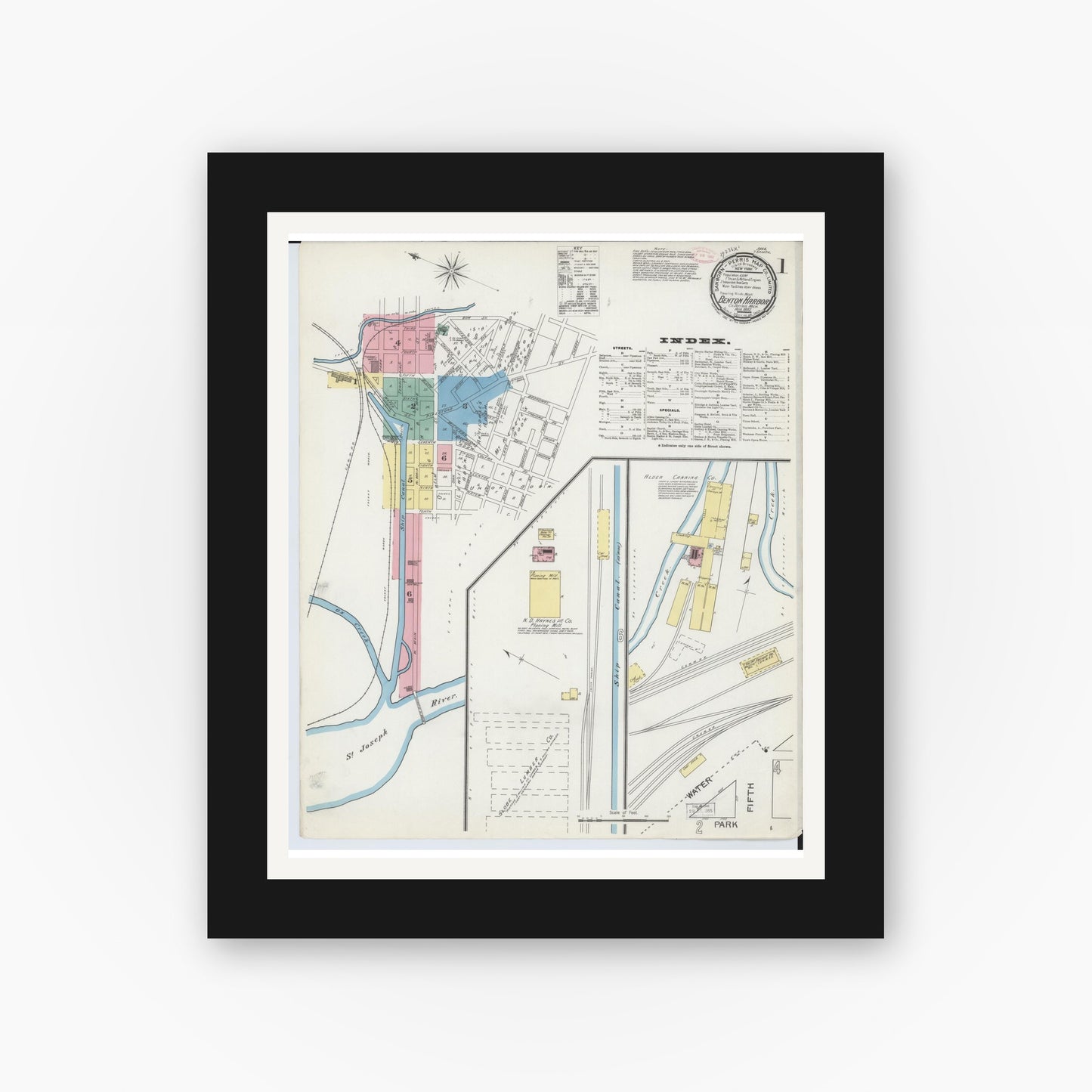Old map wall art mockup — black gallery frame with white mat — Sanborn Fire Insurance Map from Benton Harbor, Berrien County, Michigan (1892), Sheet #0001