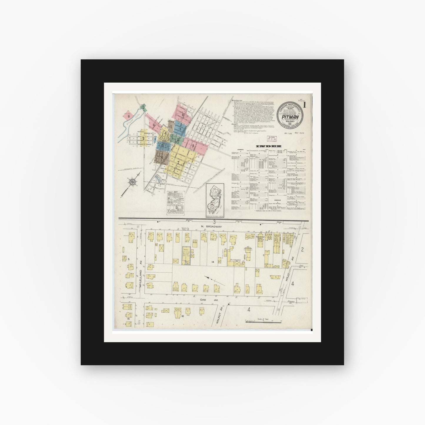Old map wall art mockup — black gallery frame with white mat — Sanborn Fire Insurance Map from Pitman, Gloucester County, New Jersey (1915) - Complete Map Set