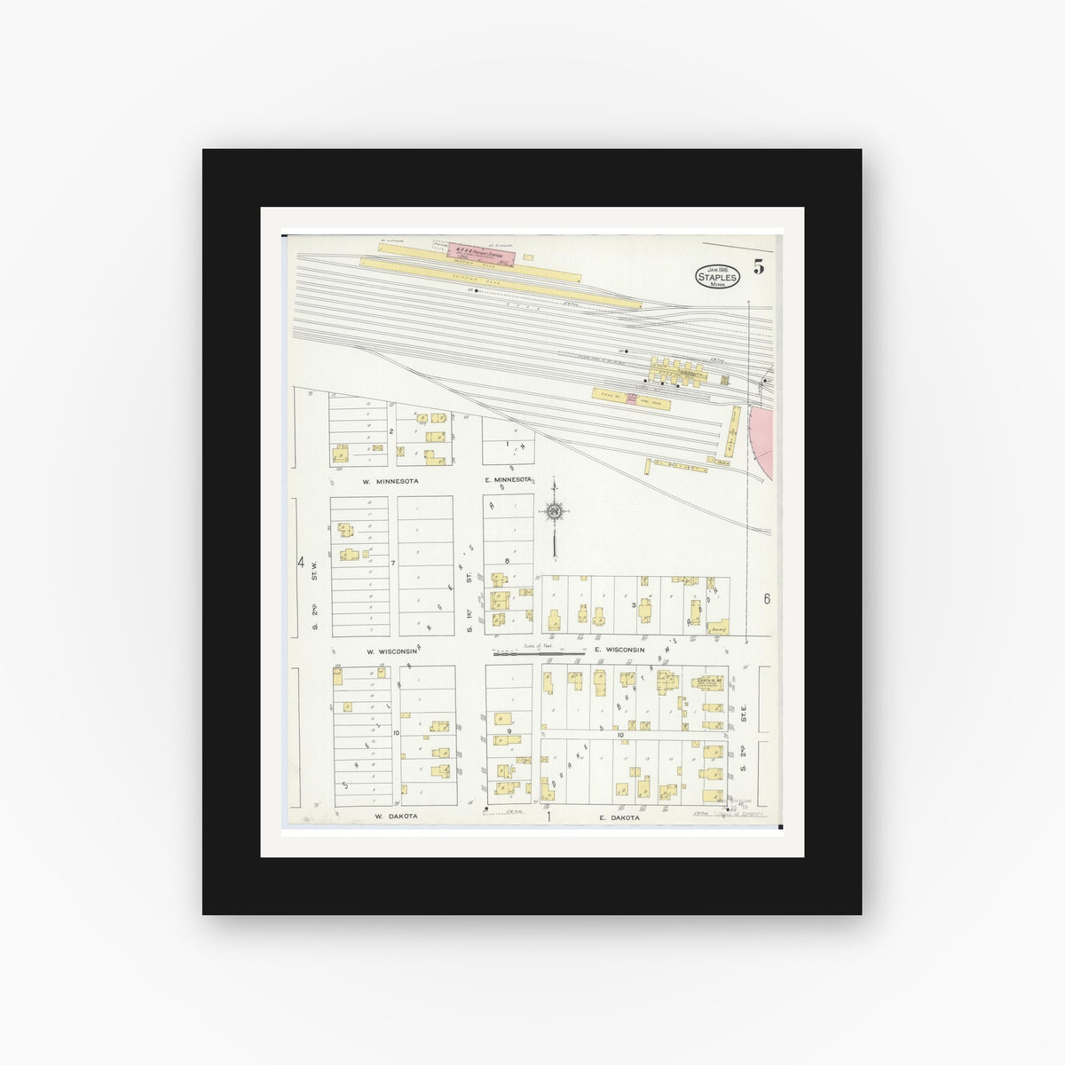 Old map wall art mockup — black gallery frame with white mat — Sanborn Fire Insurance Map from Staples, Todd County, Minnesota (1916), Sheet #0005