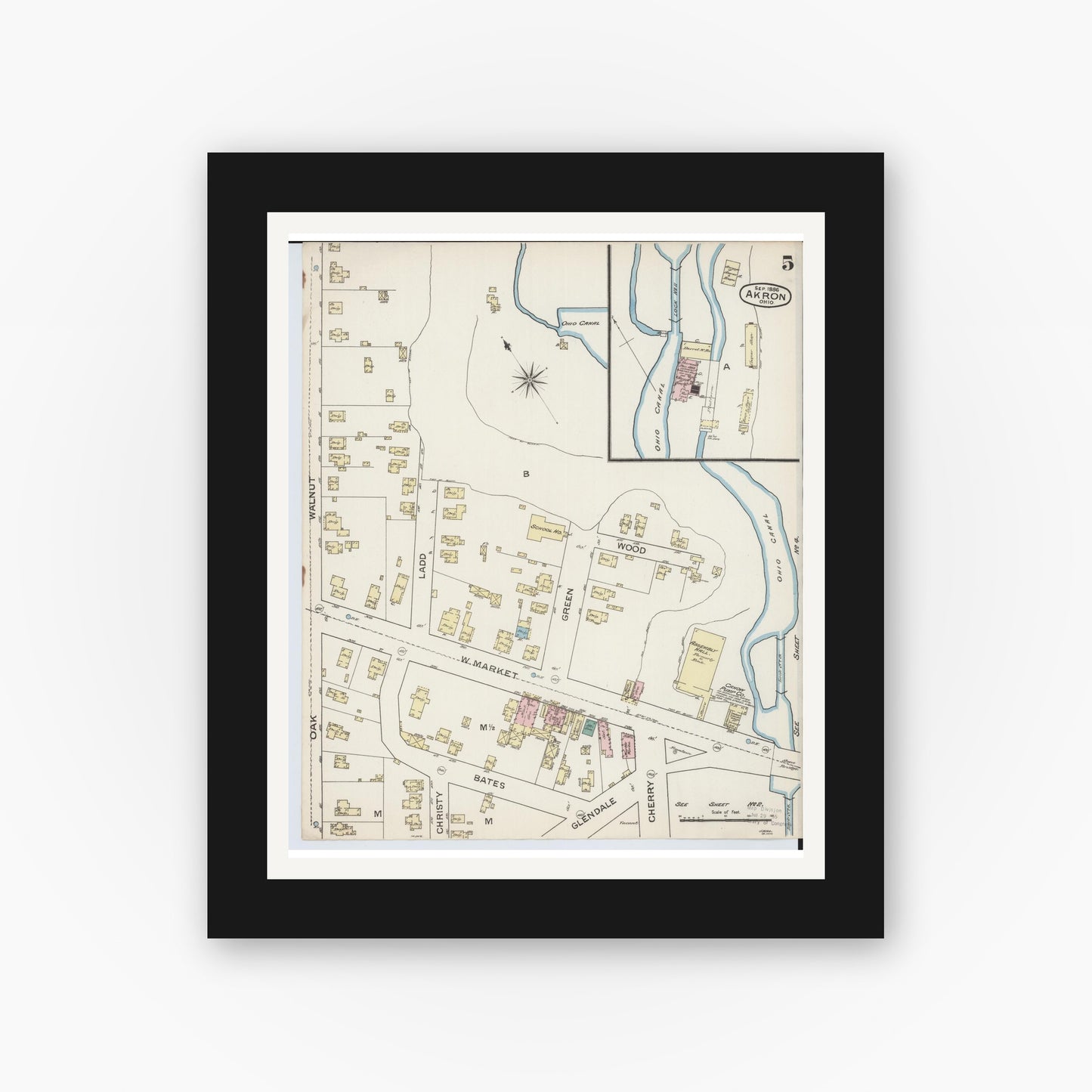 Old map wall art mockup — black gallery frame with white mat — Sanborn Fire Insurance Map from Akron, Summit County, Ohio (1886), Sheet #0005