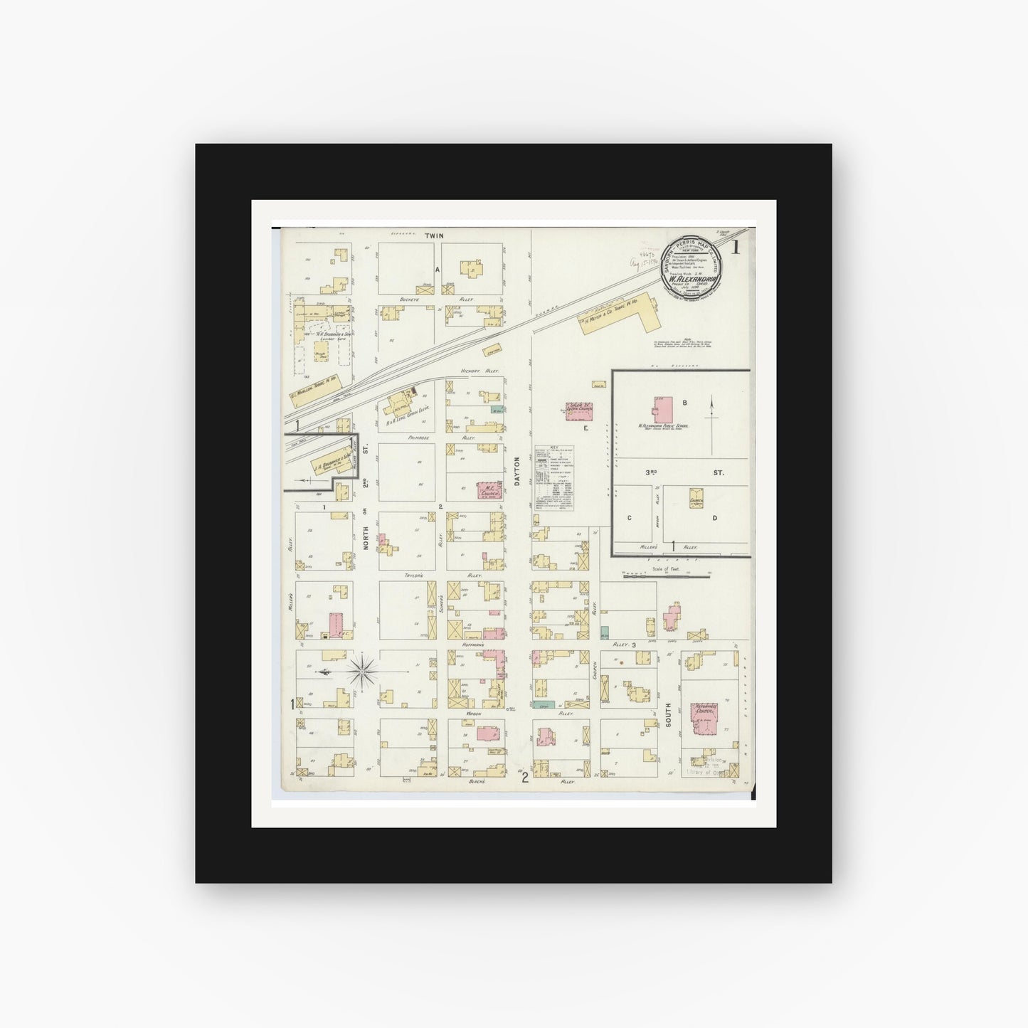 Old map wall art mockup — black gallery frame with white mat — Sanborn Fire Insurance Map from West Alexandria, Preble County, Ohio (1896), Sheet #0001