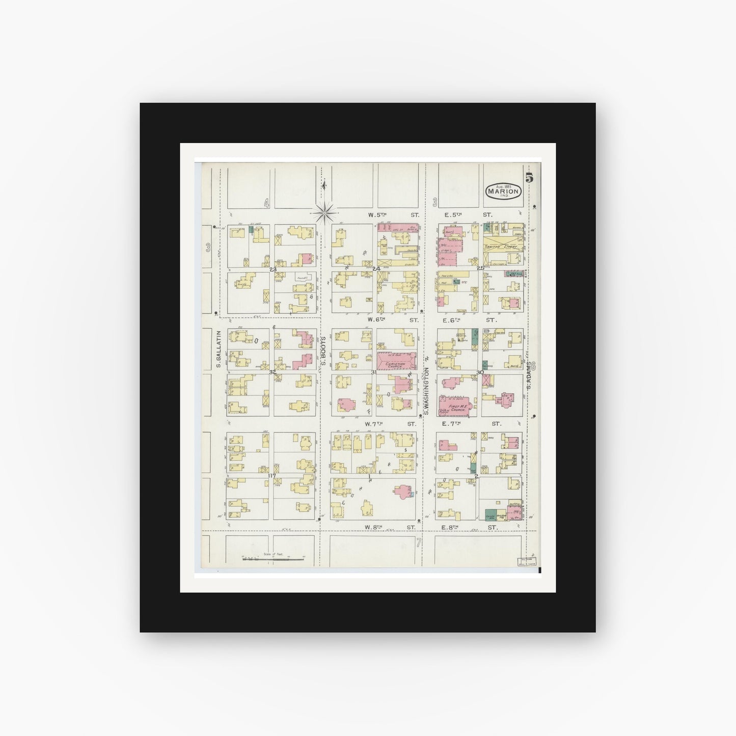 Old map wall art mockup — black gallery frame with white mat — Sanborn Fire Insurance Map from Marion, Grant County, Indiana (1893), Sheet #0005