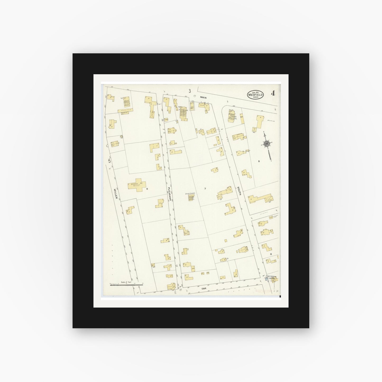 Old map wall art mockup — black gallery frame with white mat — Sanborn Fire Insurance Map from Medfield, Norfolk County, Massachusetts (1911), Sheet #0004
