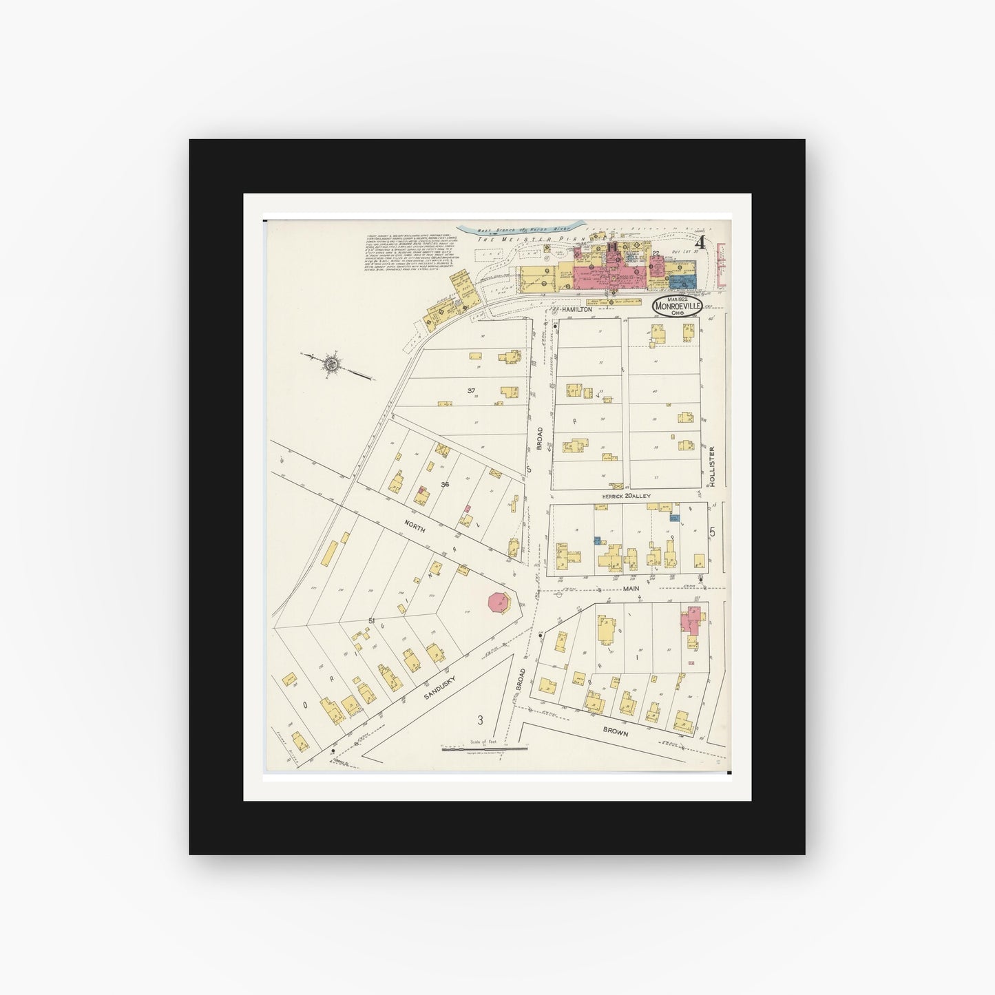 Old map wall art mockup — black gallery frame with white mat — Sanborn Fire Insurance Map from Monroeville, Huron County, Ohio (1922), Sheet #0004