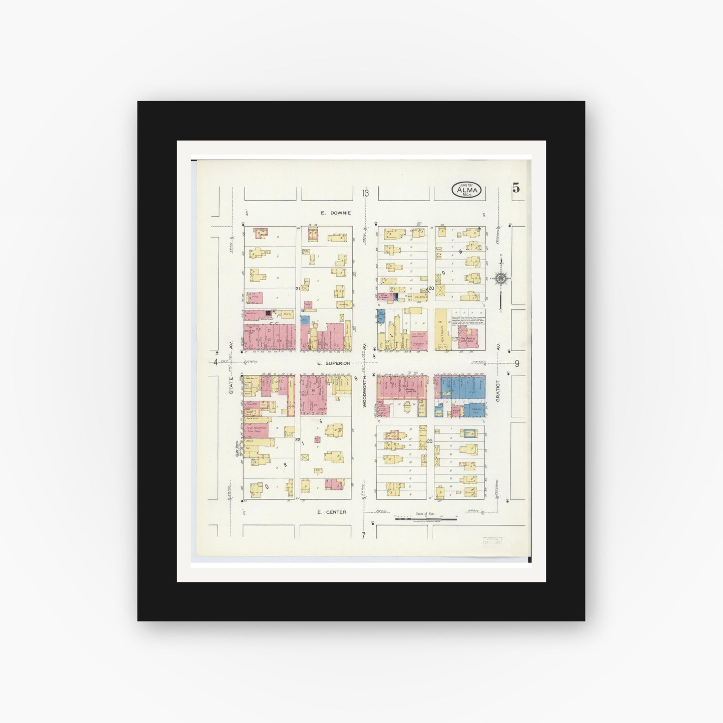 Old map wall art mockup — black gallery frame with white mat — Sanborn Fire Insurance Map from Alma, Gratiot County, Michigan (1917), Sheet #0005