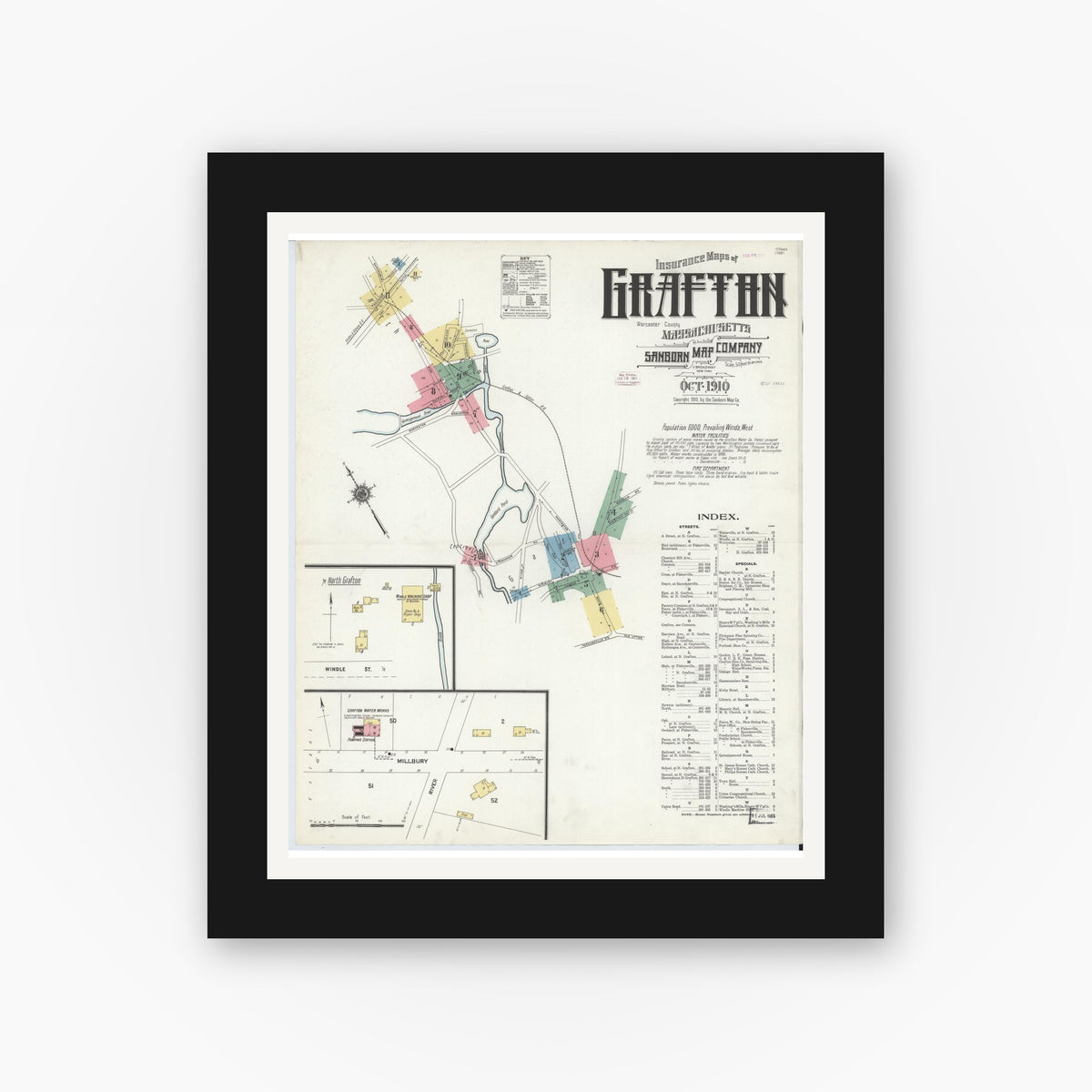 Old map wall art mockup — black gallery frame with white mat — Sanborn Fire Insurance Map from Grafton, Worcester County, Massachusetts (1910) - Complete Map Set