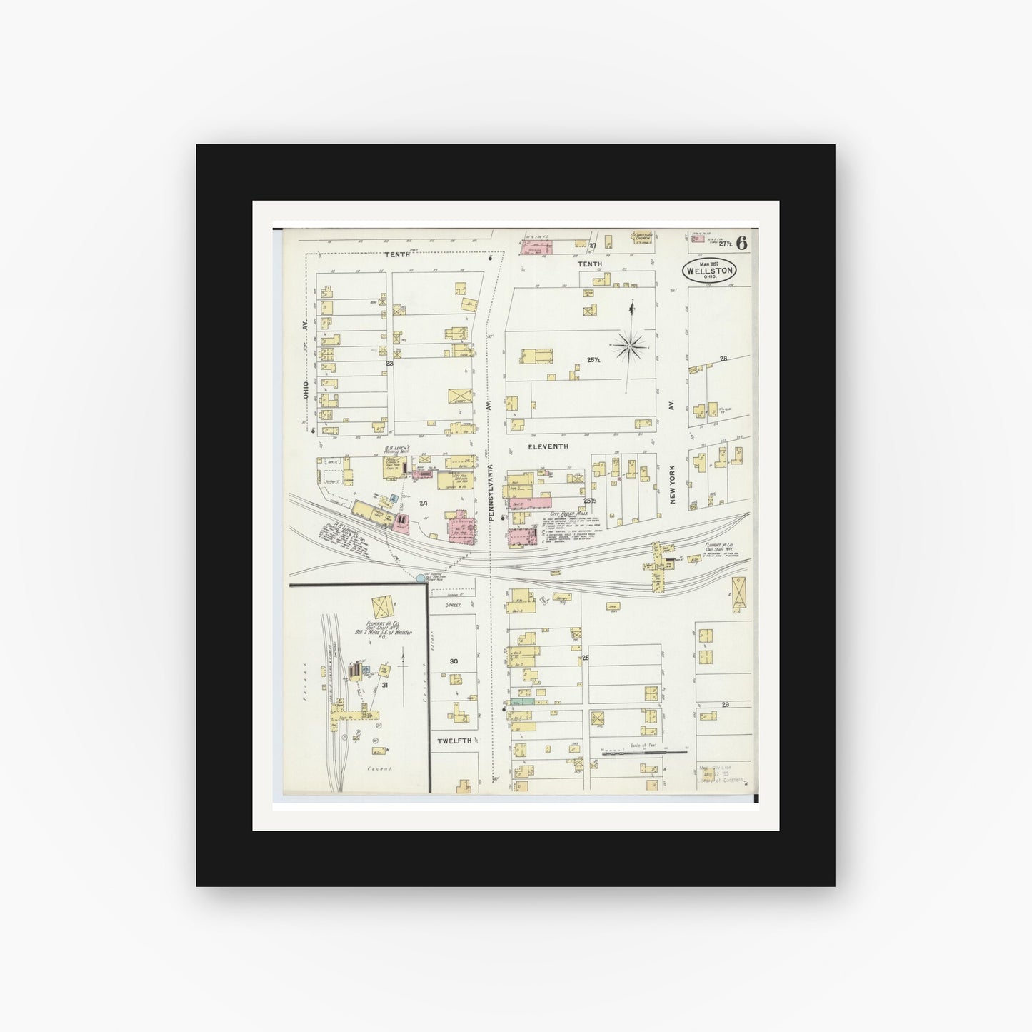 Old map wall art mockup — black gallery frame with white mat — Sanborn Fire Insurance Map from Wellston, Jackson County, Ohio (1897), Sheet #0006