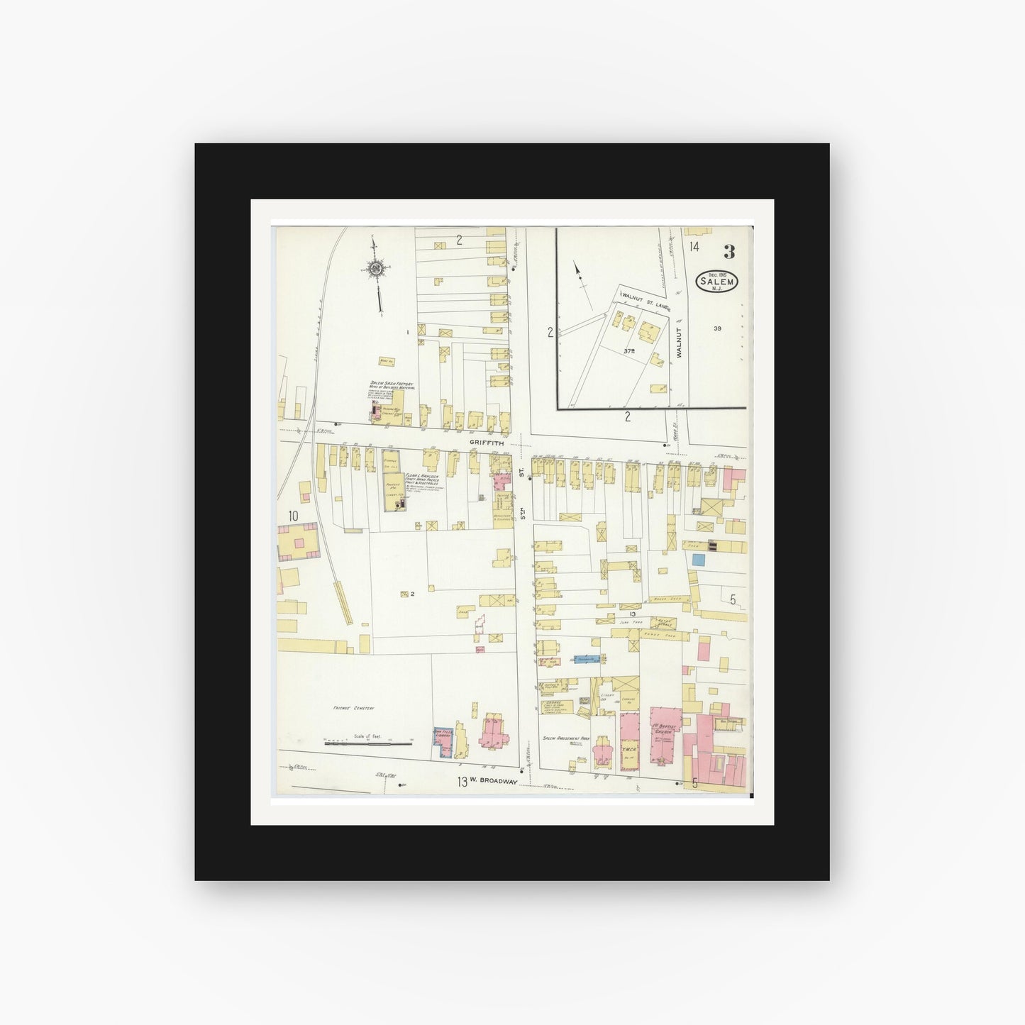 Old map wall art mockup — black gallery frame with white mat — Sanborn Fire Insurance Map from Salem, Salem County, New Jersey (1915), Sheet #0003