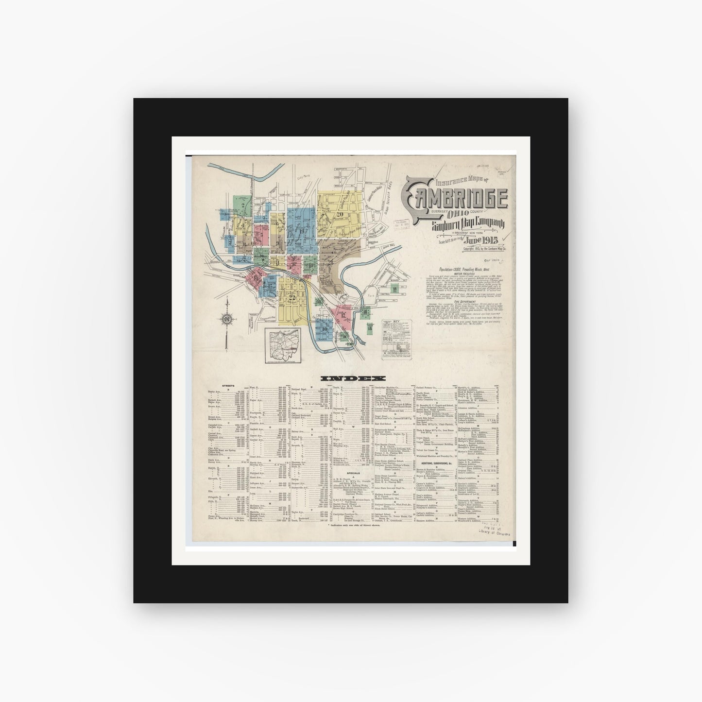 Old map wall art mockup — black gallery frame with white mat — Sanborn Fire Insurance Map from Cambridge, Guernsey County, Ohio (1915) - Complete Map Set