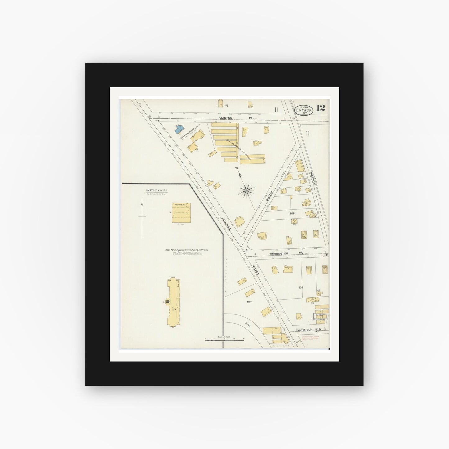 Old map wall art mockup — black gallery frame with white mat — Sanborn Fire Insurance Map from Nyack, Rockland County, New York. (1903), Sheet #0012