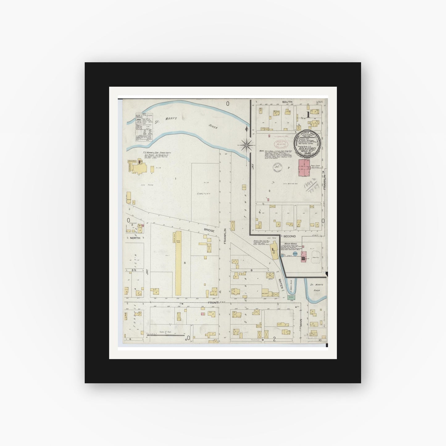 Old map wall art mockup — black gallery frame with white mat — Sanborn Fire Insurance Map from Rockford, Mercer County, Ohio (1899) - Complete Map Set