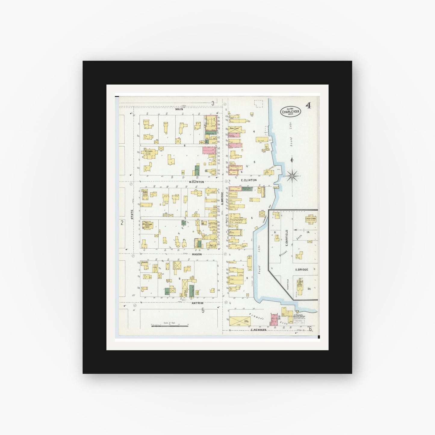 Old map wall art mockup — black gallery frame with white mat — Sanborn Fire Insurance Map from Charlevoix, Charlevoix County, Michigan (1901), Sheet #0004