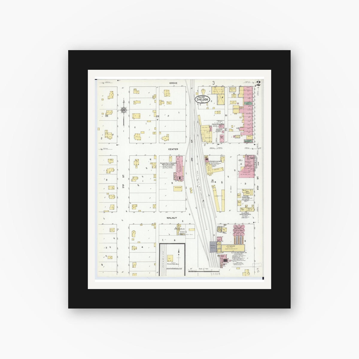 Old map wall art mockup — black gallery frame with white mat — Sanborn Fire Insurance Map from Sheldon, Iroquois County, Illinois (1910), Sheet #0002