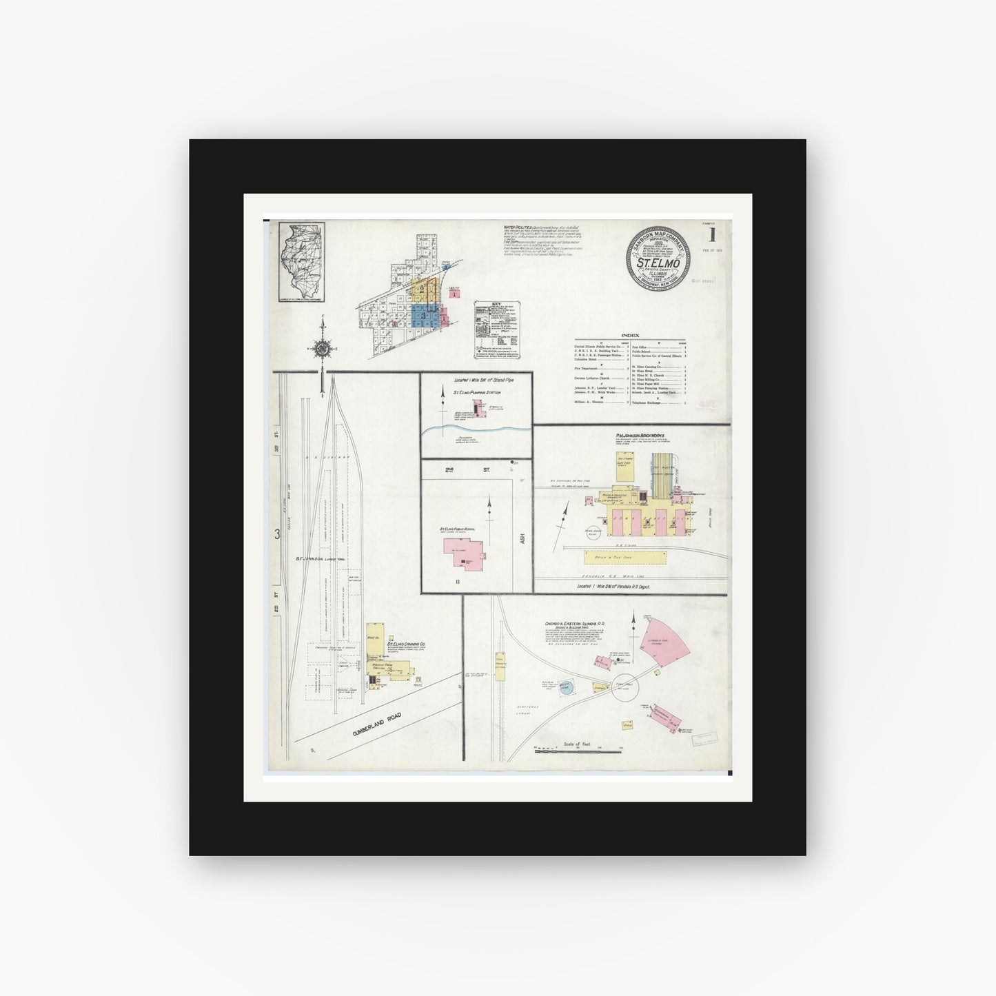 Old map wall art mockup — black gallery frame with white mat — Sanborn Fire Insurance Map from Saint Elmo, Fayette County, Illinois (1912), Sheet #0001