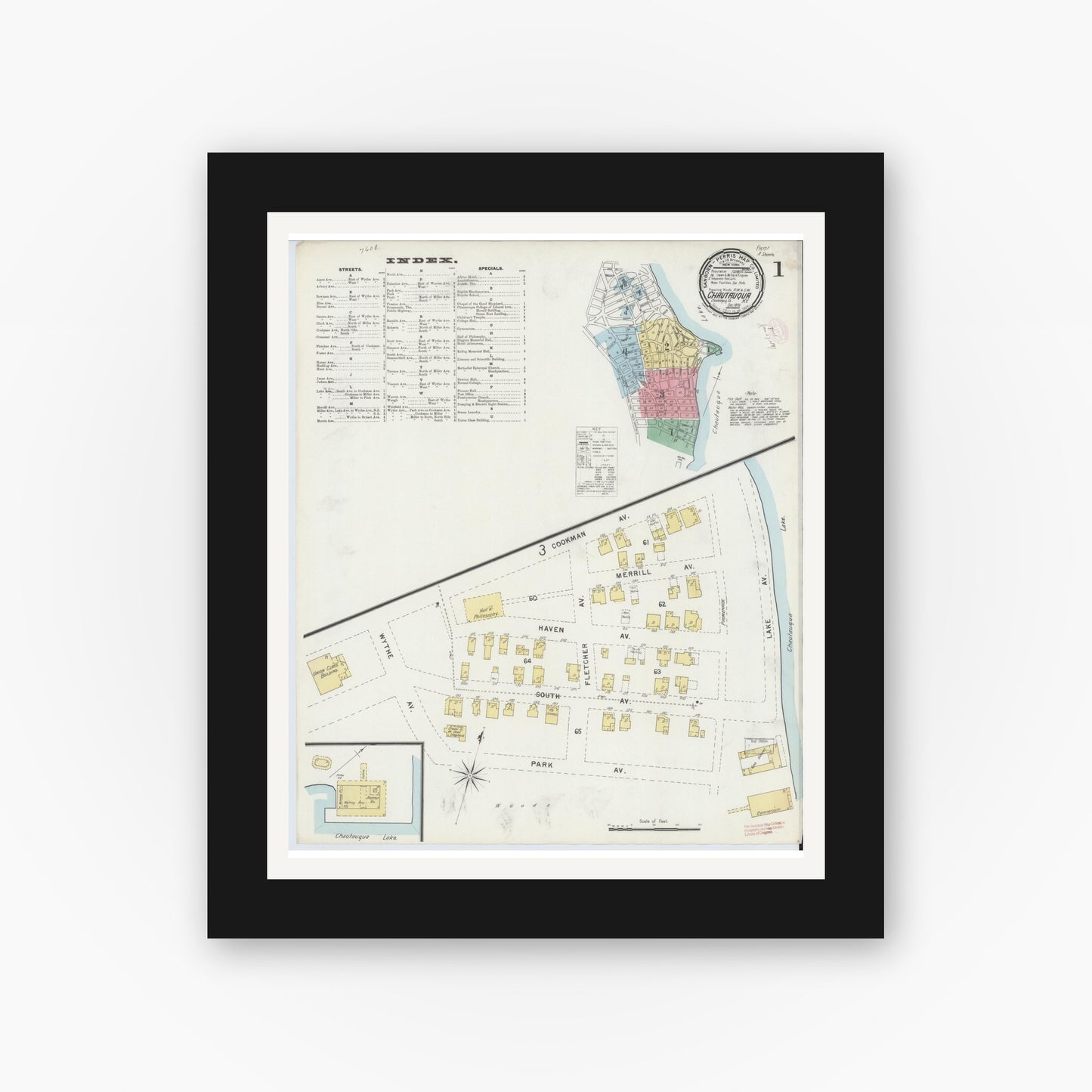 Old map wall art mockup — black gallery frame with white mat — Sanborn Fire Insurance Map from Chautauqua, Chautauqua County, New York (1896), Sheet #0001