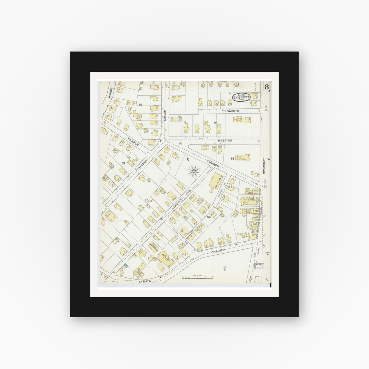 Old map wall art mockup — black gallery frame with white mat — Sanborn Fire Insurance Map from Everett, Middlesex County, Massachusetts (1892), Sheet #0008