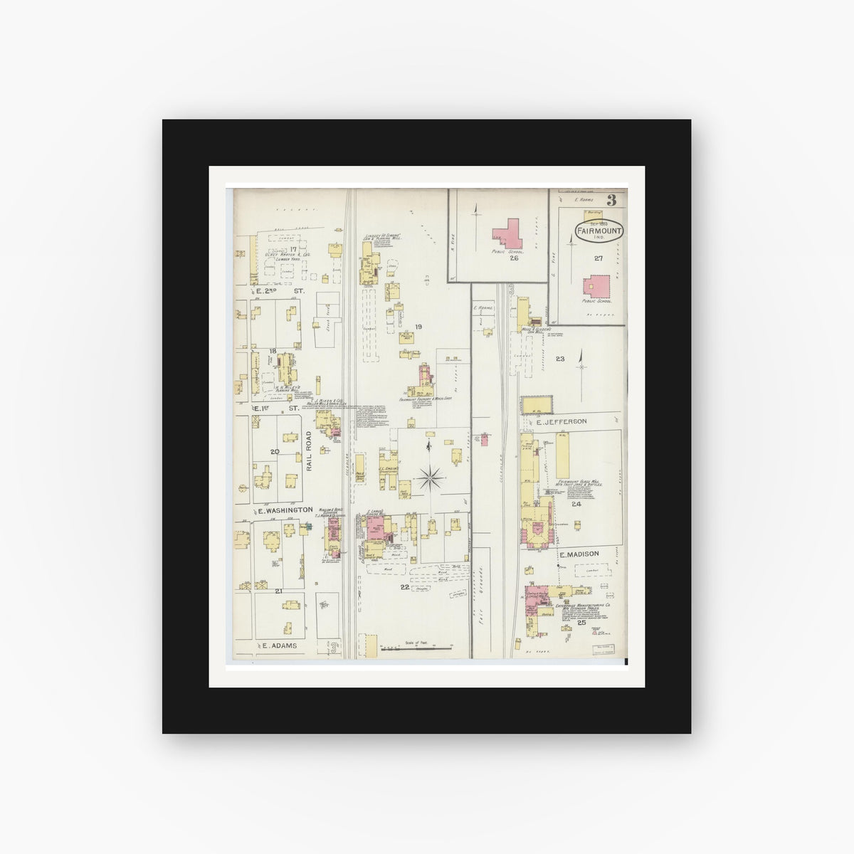 Old map wall art mockup — black gallery frame with white mat — Sanborn Fire Insurance Map from Fairmount, Grant County, Indiana (1893), Sheet #0003