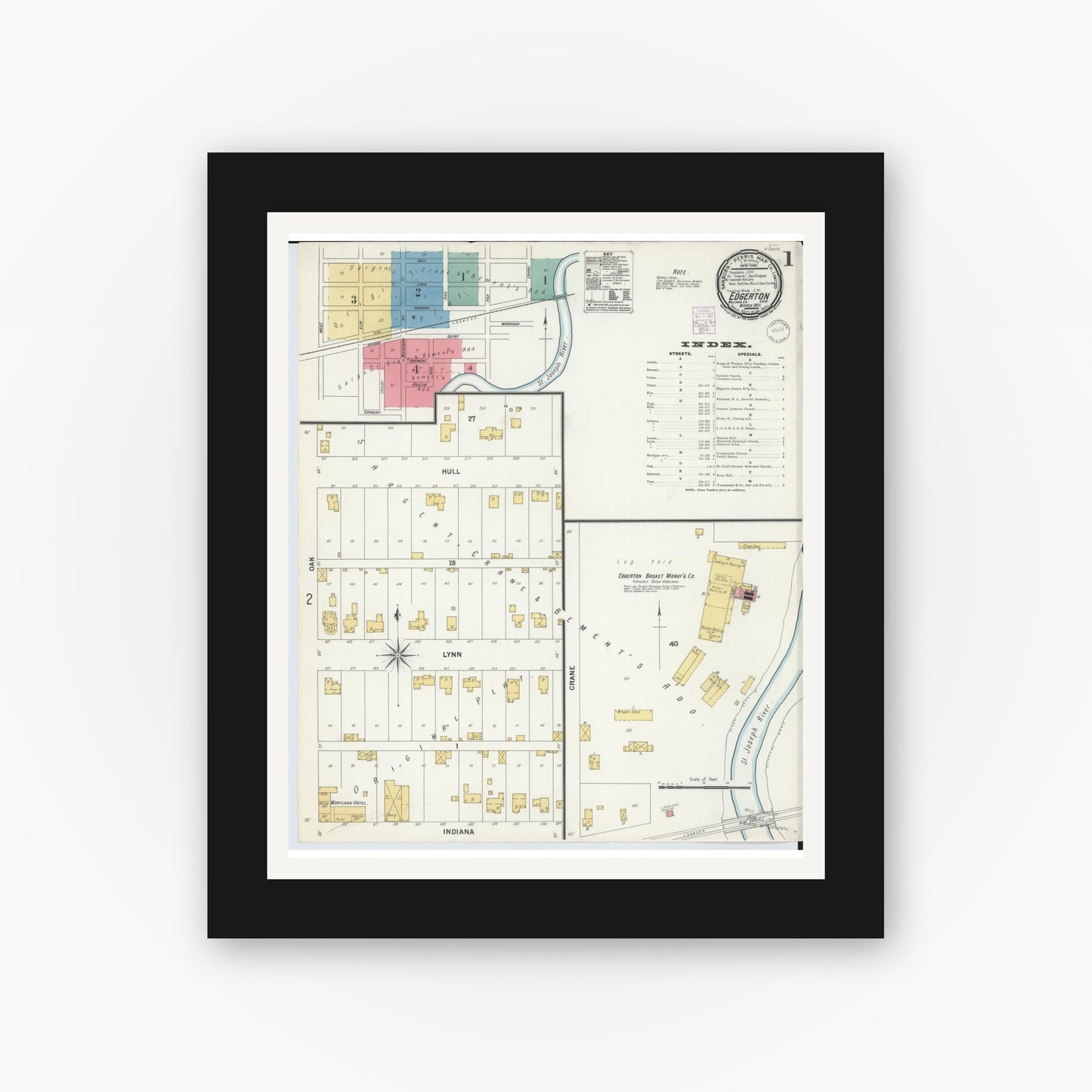 Old map wall art mockup — black gallery frame with white mat — Sanborn Fire Insurance Map from Edgerton, Williams County, Ohio (1901), Sheet #0001
